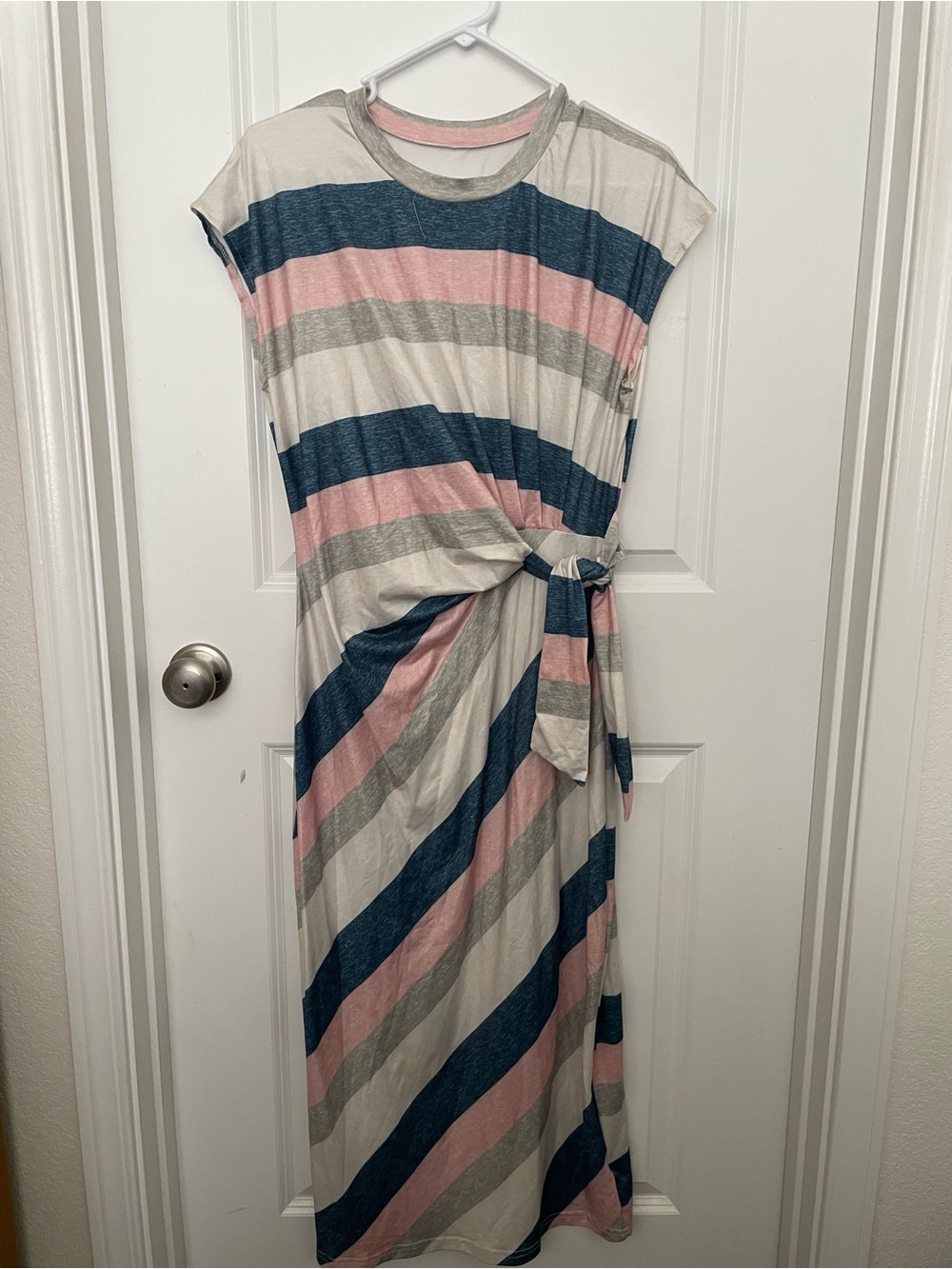 Striped Knot-Waist Maxi Dress in Blue, Pink & Gray